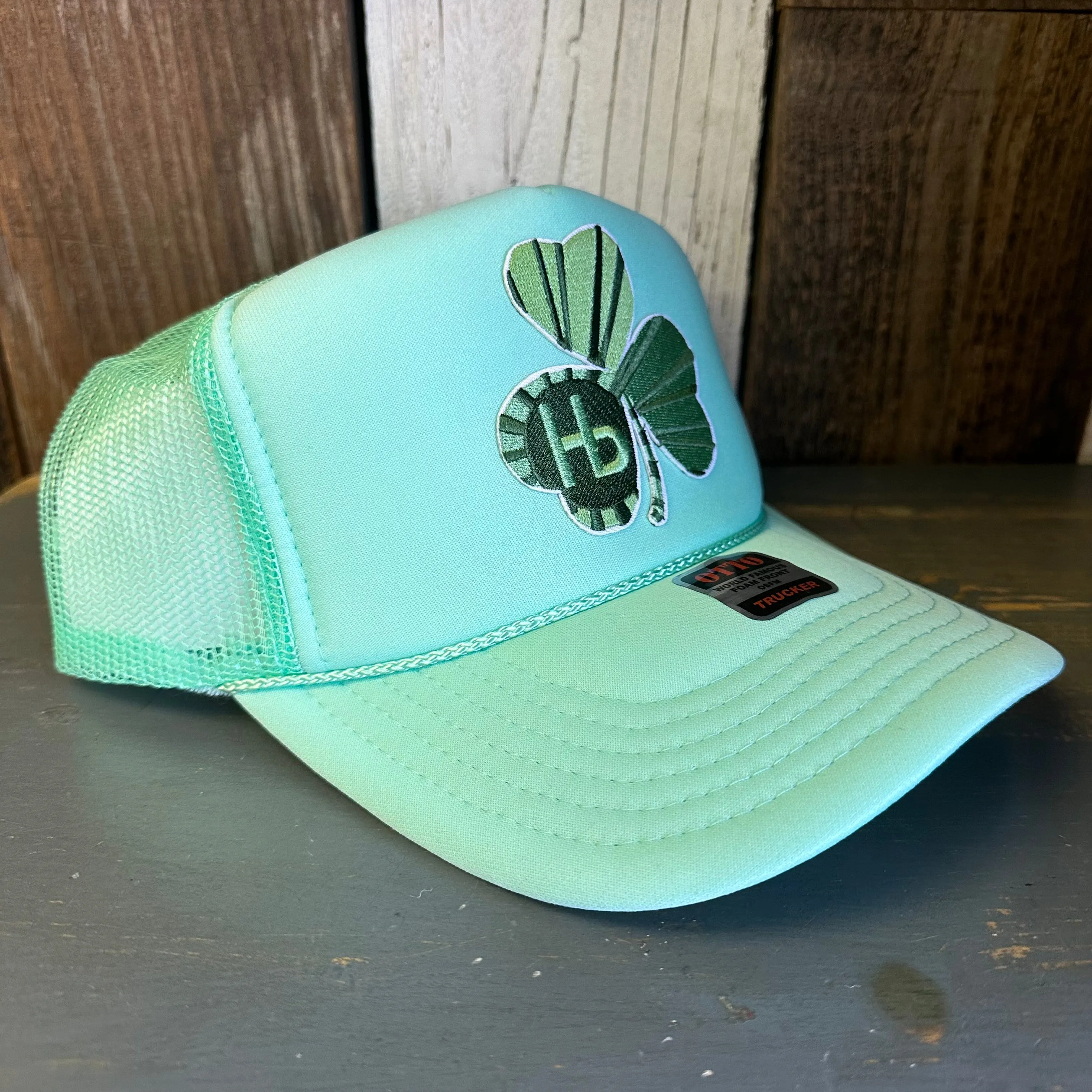 'Limited Edition' GET LUCKY IN HERMOSA High Crown Shamrock Trucker Hat  (GOLD :: GREEN :: WHITE :: SEAFOAM)