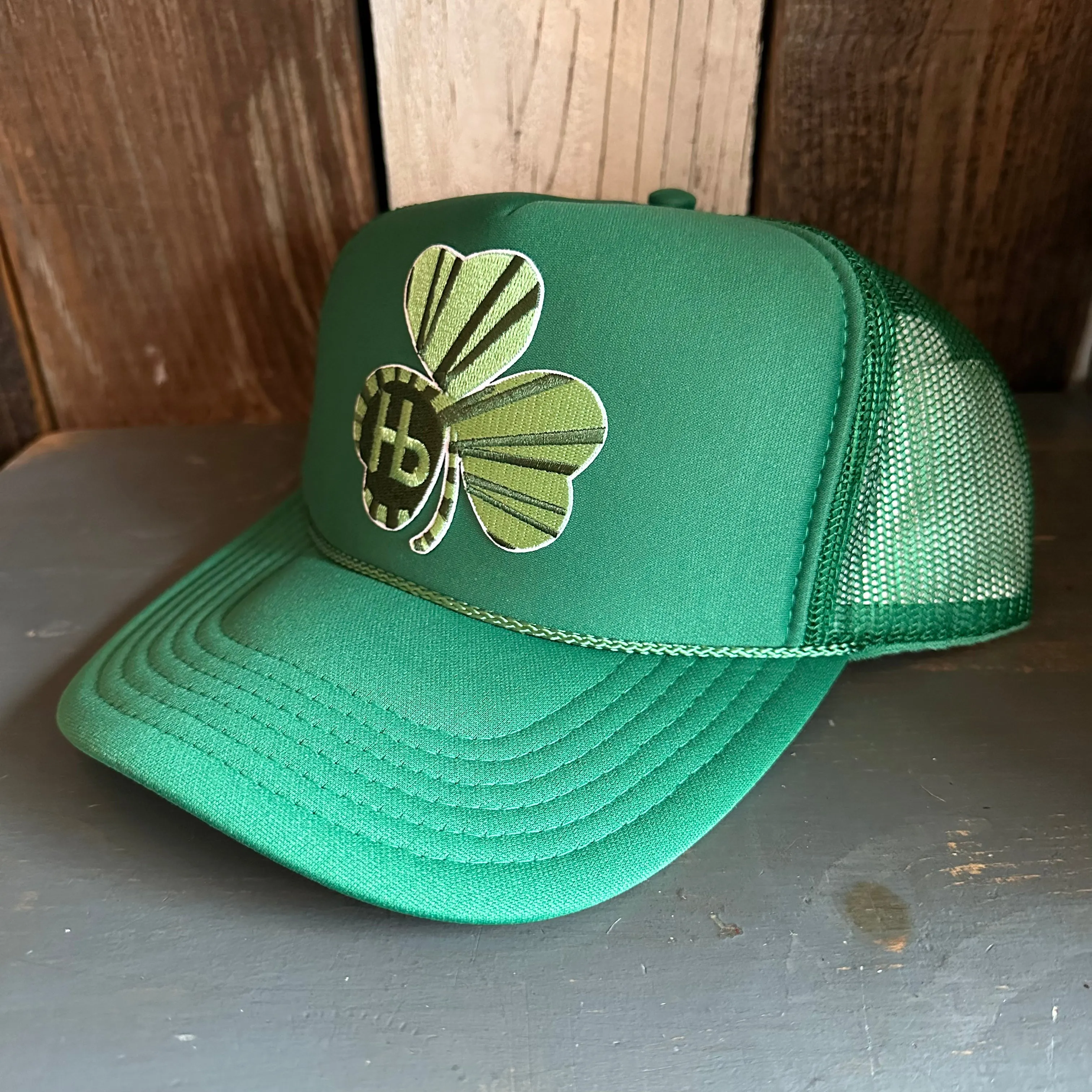 'Limited Edition' GET LUCKY IN HERMOSA High Crown Shamrock Trucker Hat  (GOLD :: GREEN :: WHITE :: SEAFOAM)
