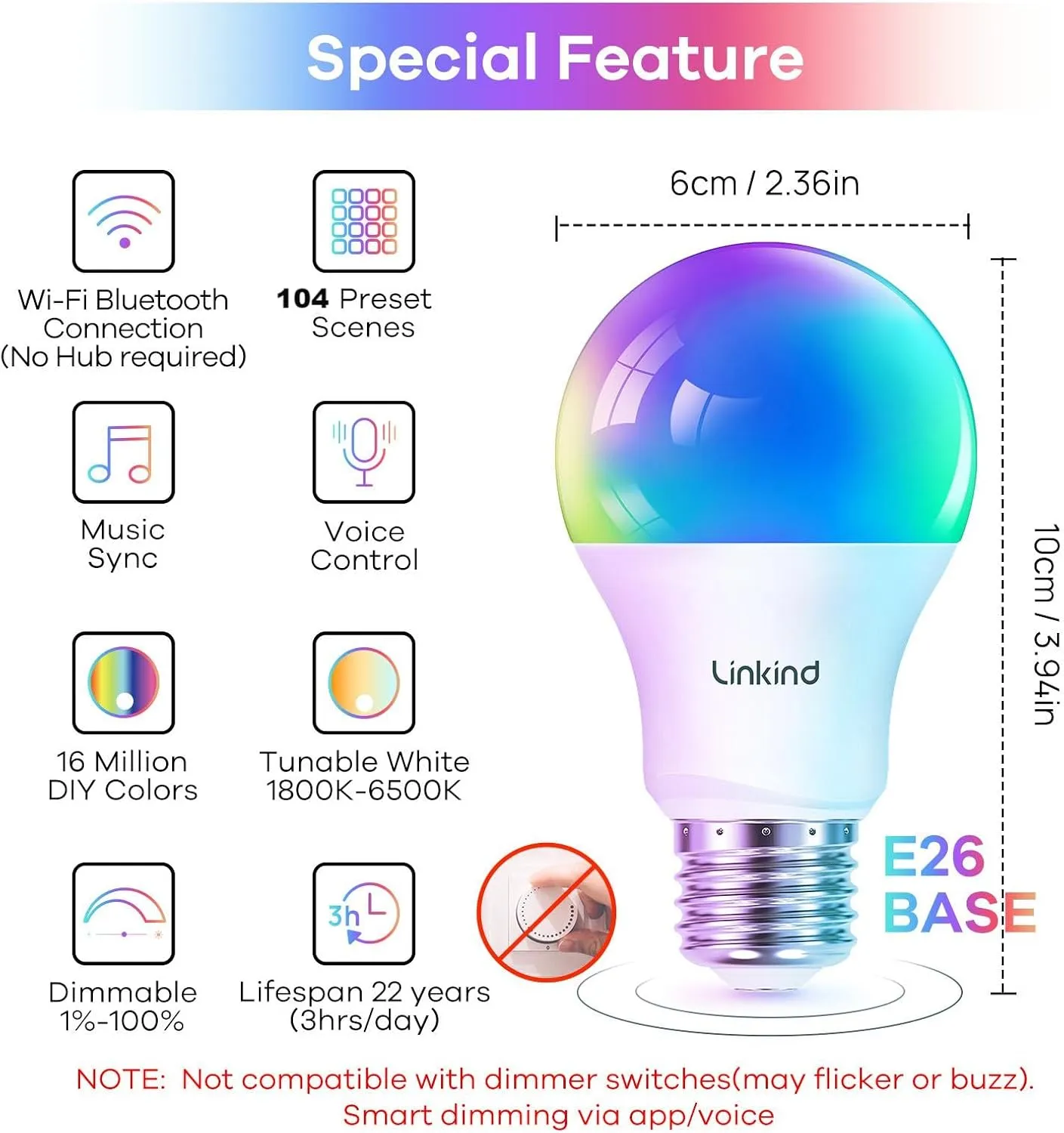 Linkind Color Changing Smart WiFi Light Bulbs, Work with Alexa & Google Home, A19 E26 Dimmable RGBTW Bulbs, No Hub Needed, 800 Lumen, 2.4Ghz WiFi, 6 Pack