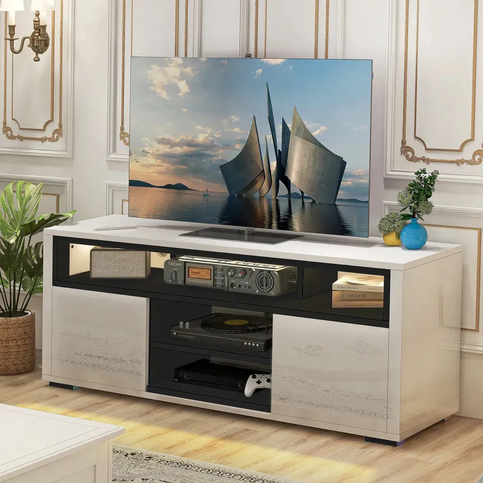Modern White Gloss TV Stand with LED Lights, Storage for TVs up to 60