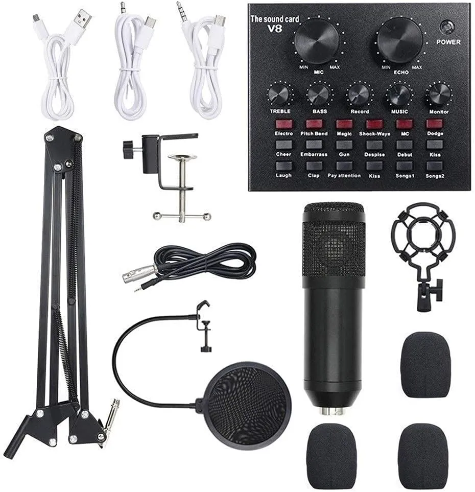 Multi-Functional Live Sound Card Microphone Kit Suspension Transmission Recording Condenser Microphone Set