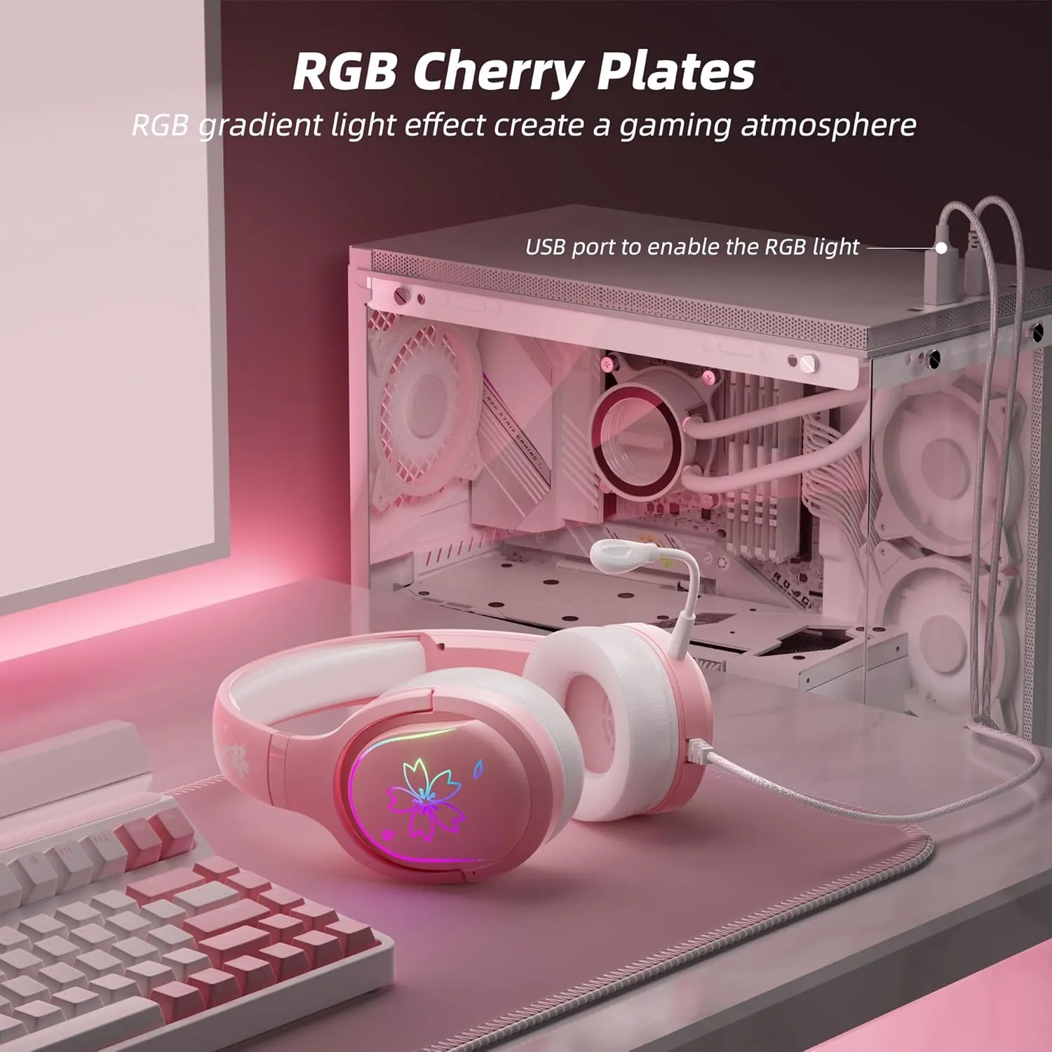 Mytrix Cherry Blossoms Wired Gaming Headset, 360 Rotation Mic, Soft Earmuff Gaming Headphones for PS4, PS5, PC & MAC, Switch, RGB Gradient Light Effect