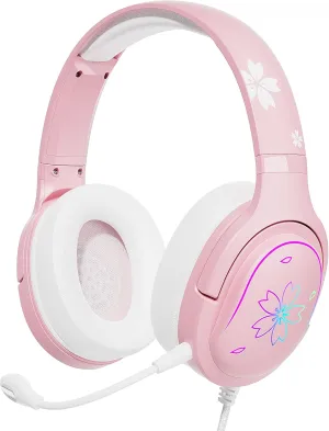 Mytrix Cherry Blossoms Wired Gaming Headset, 360 Rotation Mic, Soft Earmuff Gaming Headphones for PS4, PS5, PC & MAC, Switch, RGB Gradient Light Effect