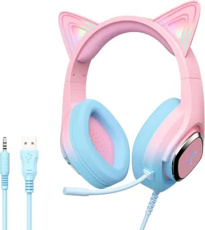 Mytrix Wired Gaming Headset with Mic for PS4, PS5, Xbox, PC, Mac, Switch, Cat Ear Gaming Headphones with 360 Rotation Microphone, Surround Sound, Soft Earmuff, RGB Light Effect - Gradient Pink Blue