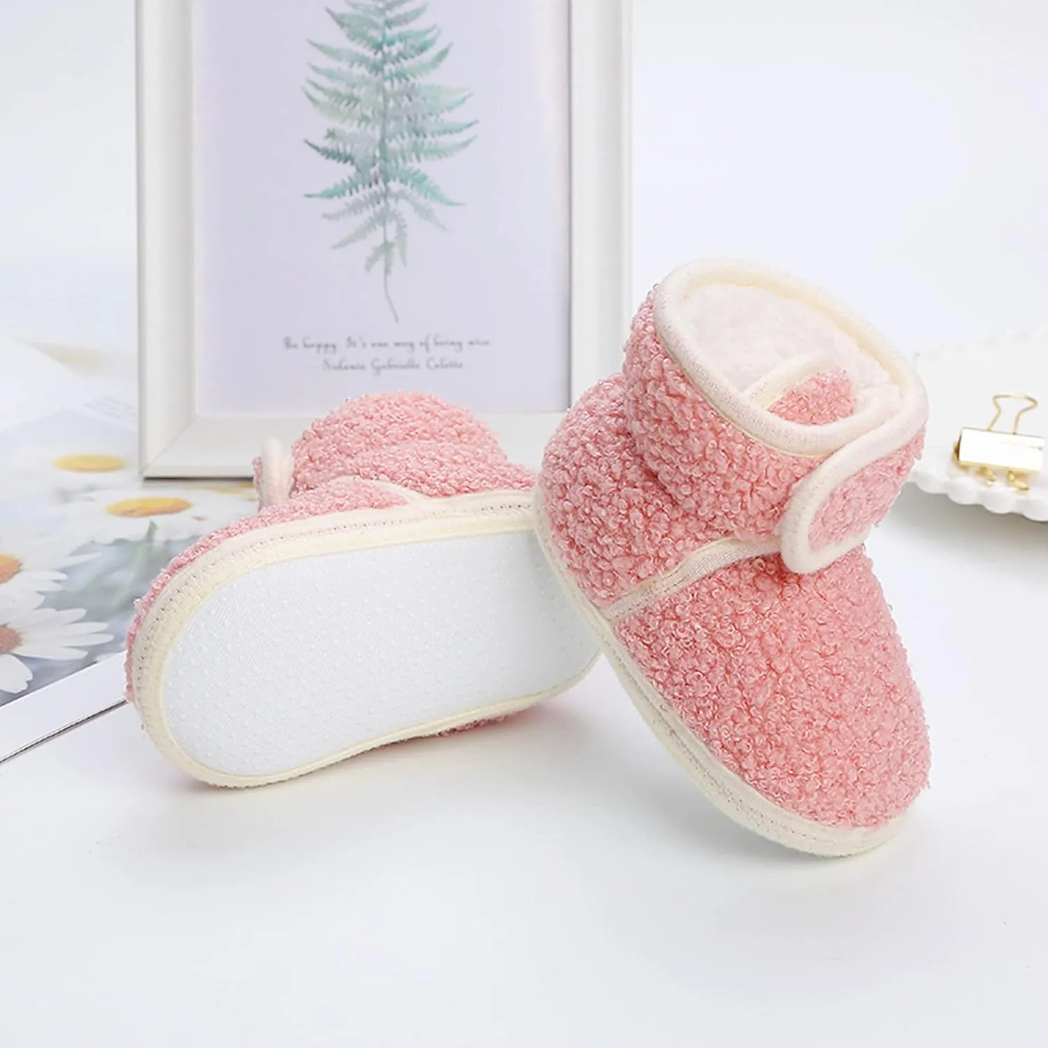Newborn Baby Boots Ankle Snow Booties Cozy Fleece Socks Shoes with Grippers Stay On Slipper Infant Toddler Crib Shoes