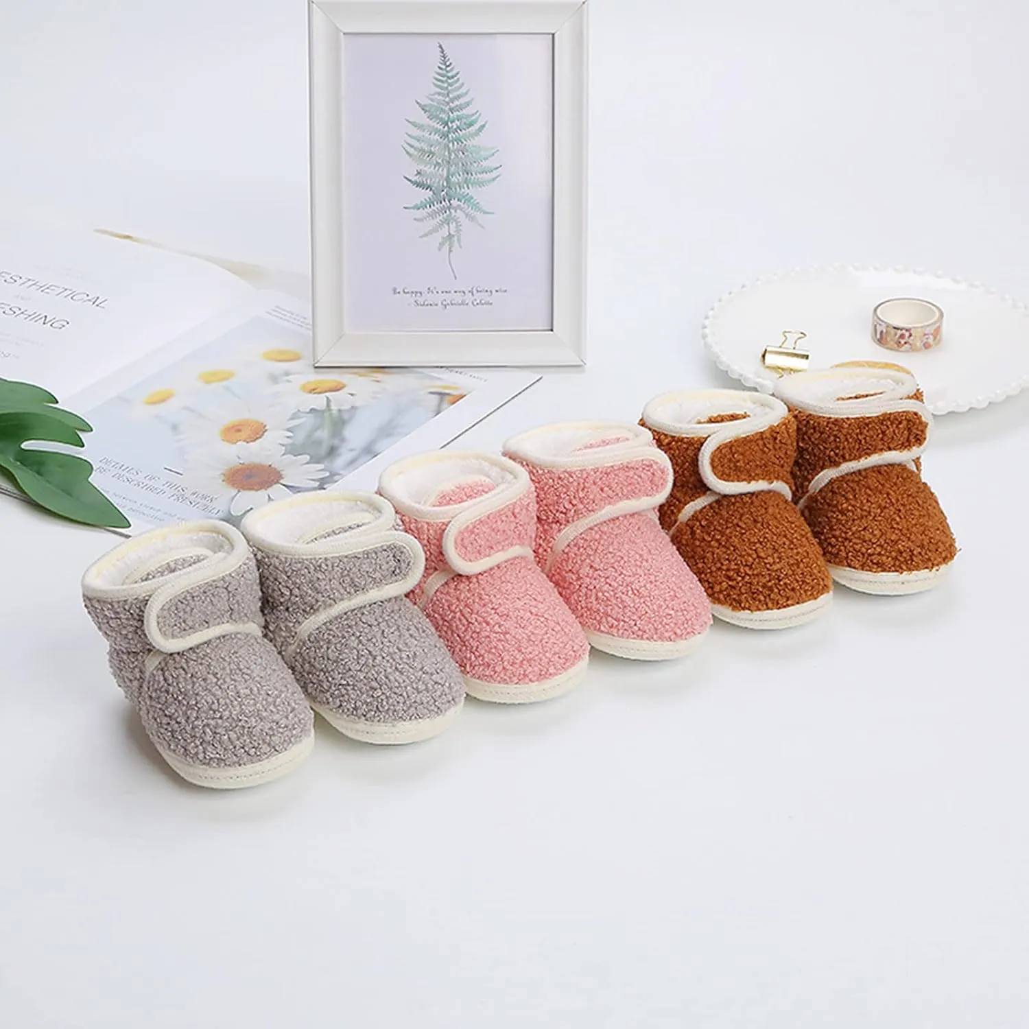 Newborn Baby Boots Ankle Snow Booties Cozy Fleece Socks Shoes with Grippers Stay On Slipper Infant Toddler Crib Shoes