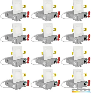 NUWATT 12 Pack 3 Inch Square Ultra-Thin LED Recessed Lighting, Selectable 2700K/3000K/3500K/4000K/5000K, 550 Lumens Dimmable, IC Rated, White Slim Panel Light, Canless Wafer Lights, Metal J-Box