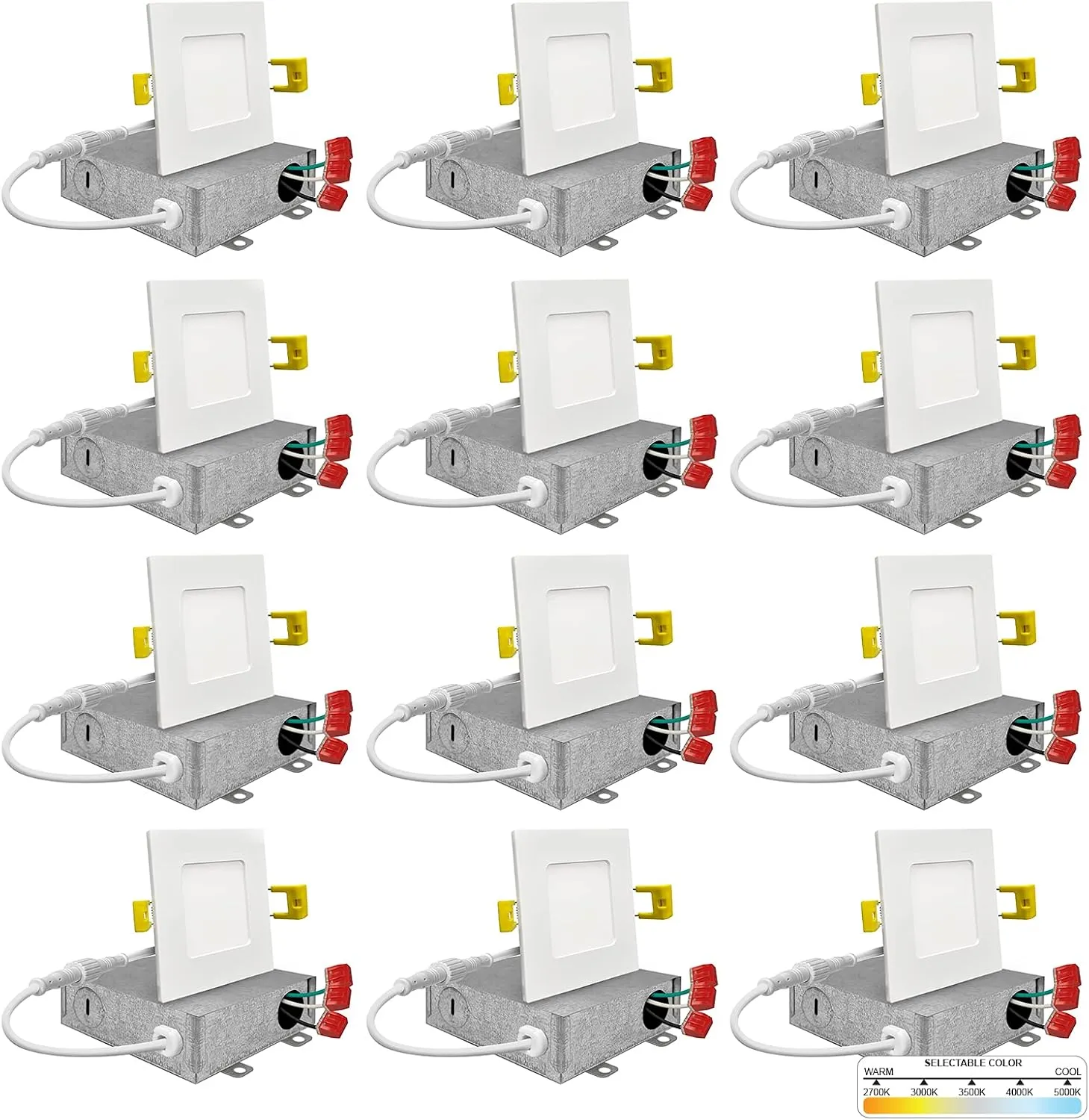 NUWATT 12 Pack 3 Inch Square Ultra-Thin LED Recessed Lighting, Selectable 2700K/3000K/3500K/4000K/5000K, 550 Lumens Dimmable, IC Rated, White Slim Panel Light, Canless Wafer Lights, Metal J-Box