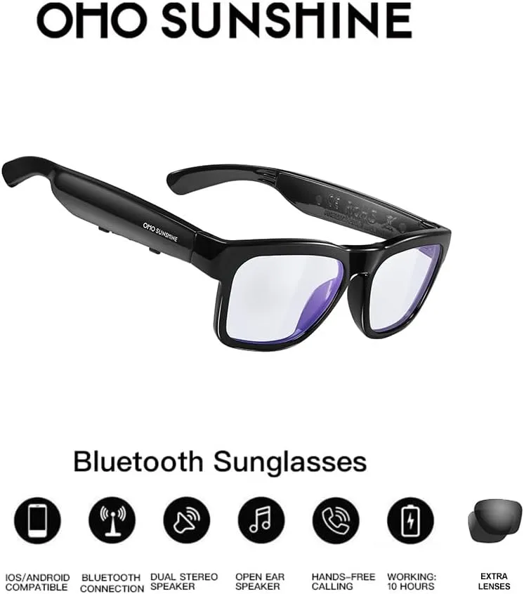 OhO Bluetooth Glasses,Voice Control and Open Ear Style Smart Glasses to Listen Music and Calls,UV400 Protection Lens