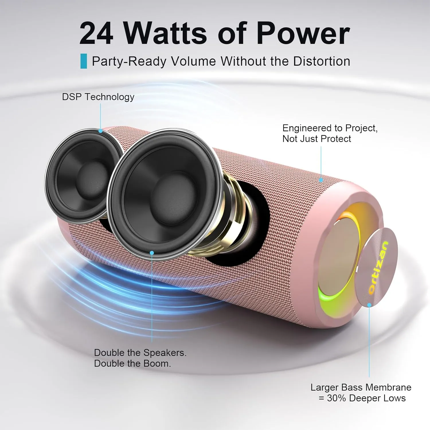 Ortizan Wireless Portable Bluetooth Speaker, IPX7 Waterproof, Dustproof and Rustproof, Powerful 24W Sound, Enhanced Bass, 30 Hour Battery, 360 Party Light, and Stereo Pairing (BT 5.3), Gifts - Pink