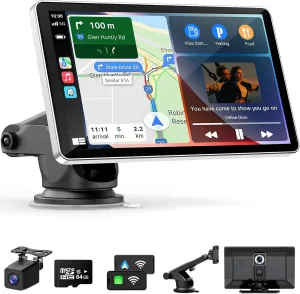 Oscio Portable Carplay Screen for Car, 9" Wireless Carplay Android Auto Screen with 4K Dash Cam & 1080P Backup Camera, Car Play Stereo with Voice Control & GPS Navigation, Mirror Link, BT/FM/AUX