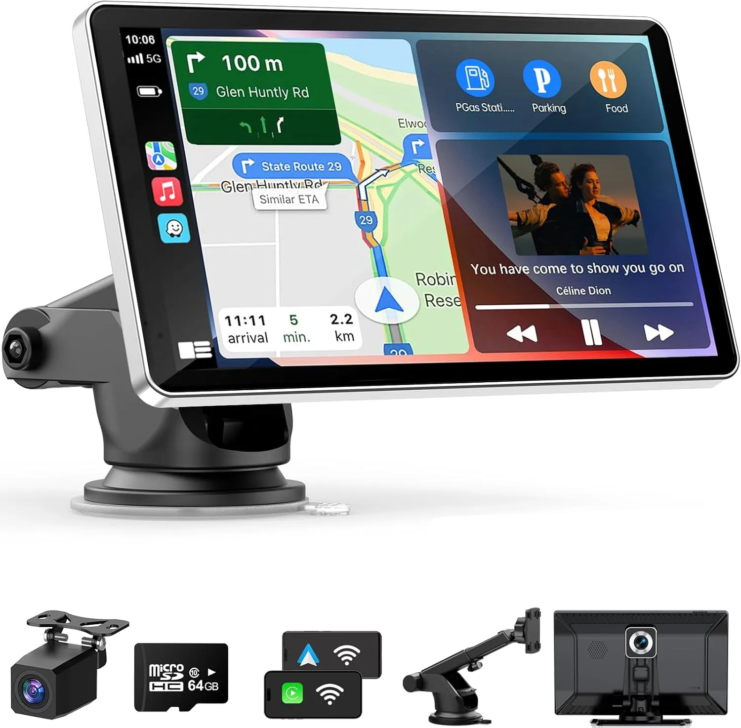 Oscio Portable Carplay Screen for Car, 9" Wireless Carplay Android Auto Screen with 4K Dash Cam & 1080P Backup Camera, Car Play Stereo with Voice Control & GPS Navigation, Mirror Link, BT/FM/AUX