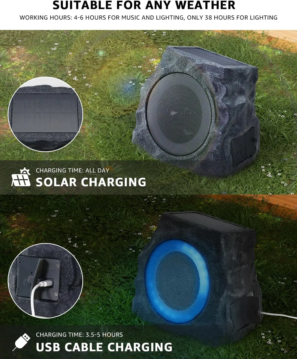 Outdoor Rock Bluetooth Speakers Waterproof Solar-Powered Wireless Bluetooth Rock Speakers Outdoor Waterproof Patio with Lights RGB and TWS Pair for Outside Deck Pool -2 Pack