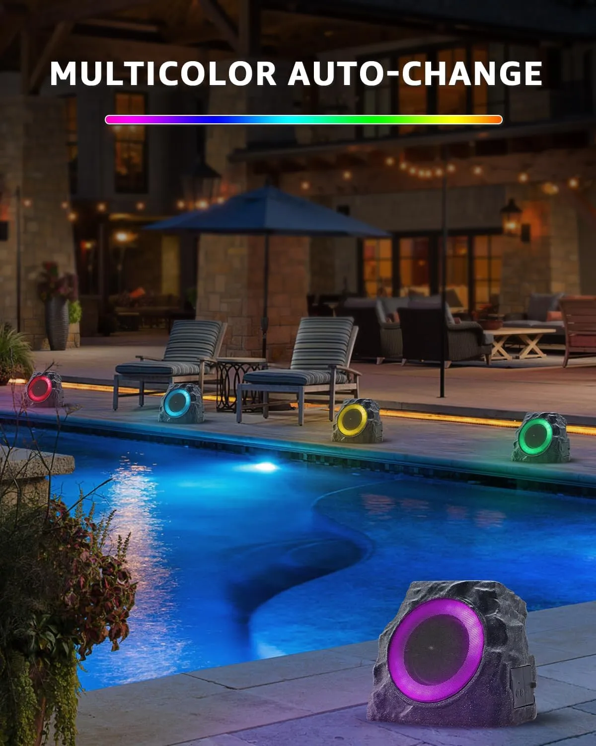 Outdoor Rock Bluetooth Speakers Waterproof Solar-Powered Wireless Bluetooth Rock Speakers Outdoor Waterproof Patio with Lights RGB and TWS Pair for Outside Deck Pool -2 Pack