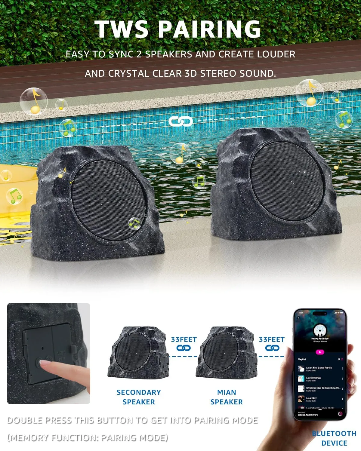 Outdoor Rock Bluetooth Speakers Waterproof Solar-Powered Wireless Bluetooth Rock Speakers Outdoor Waterproof Patio with Lights RGB and TWS Pair for Outside Deck Pool -2 Pack