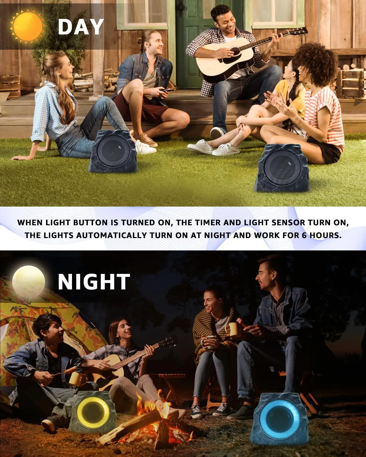 Outdoor Rock Bluetooth Speakers Waterproof Solar-Powered Wireless Bluetooth Rock Speakers Outdoor Waterproof Patio with Lights RGB and TWS Pair for Outside Deck Pool -2 Pack