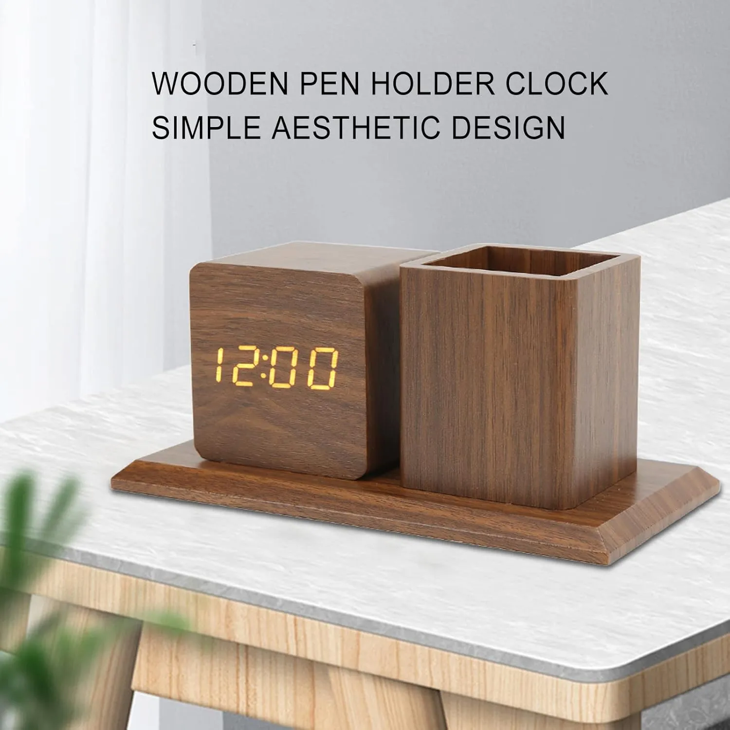 Pen Holder Clock, Pencil Holder Digital Clock Digital Alarm Clock Electronic Desktop Clock Pen Holder with Digital LCD Clock Calendar Timer Temperature Display for Home Office Desktop(Brown)