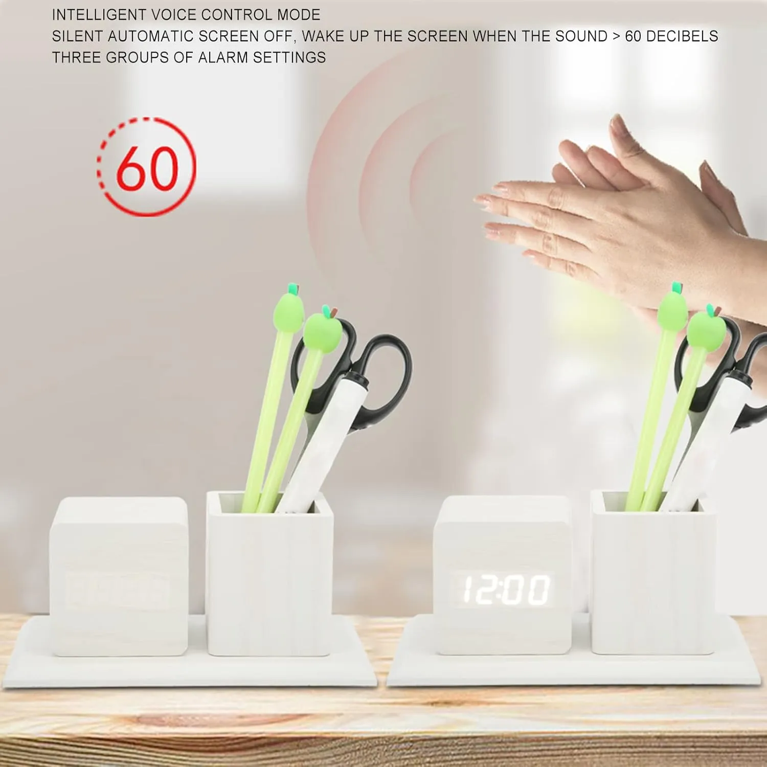 Pencil Holder with Digital Alarm Clock, Desktop LED Digital Alarm Clock with Pen Holder Temperature Calendar Display 3 Level Brightness Adjustment Voice Control Clock Pencil Cup(White)