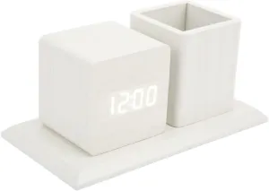 Pencil Holder with Digital Alarm Clock, Desktop LED Digital Alarm Clock with Pen Holder Temperature Calendar Display 3 Level Brightness Adjustment Voice Control Clock Pencil Cup(White)