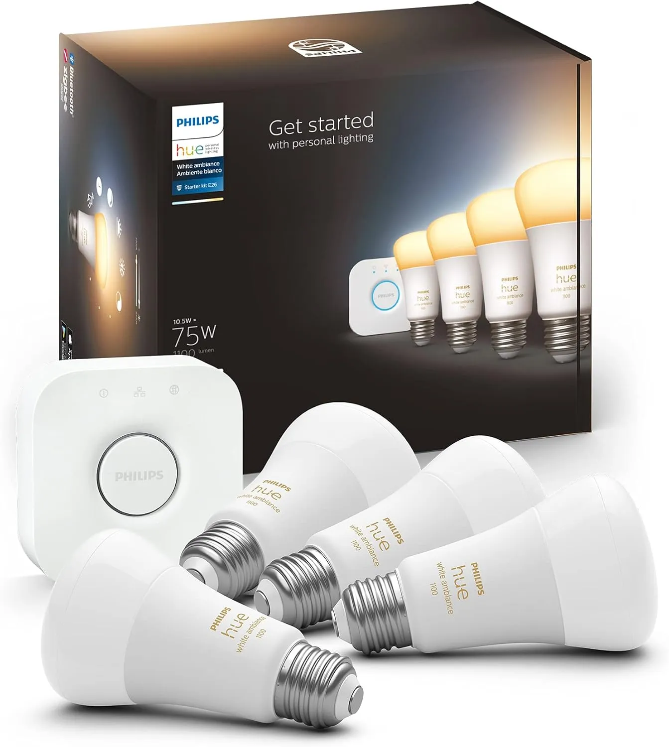 Philips Hue Smart Light Starter Kit - Includes (1) Bridge and (4) 75W A19 E26 LED Smart White Ambiance Bulbs - Control with App - Compatible with Alexa, Google Assistant, and Apple HomeKit