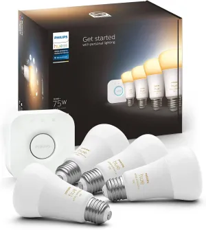 Philips Hue Smart Light Starter Kit - Includes (1) Bridge and (4) 75W A19 E26 LED Smart White Ambiance Bulbs - Control with App - Compatible with Alexa, Google Assistant, and Apple HomeKit