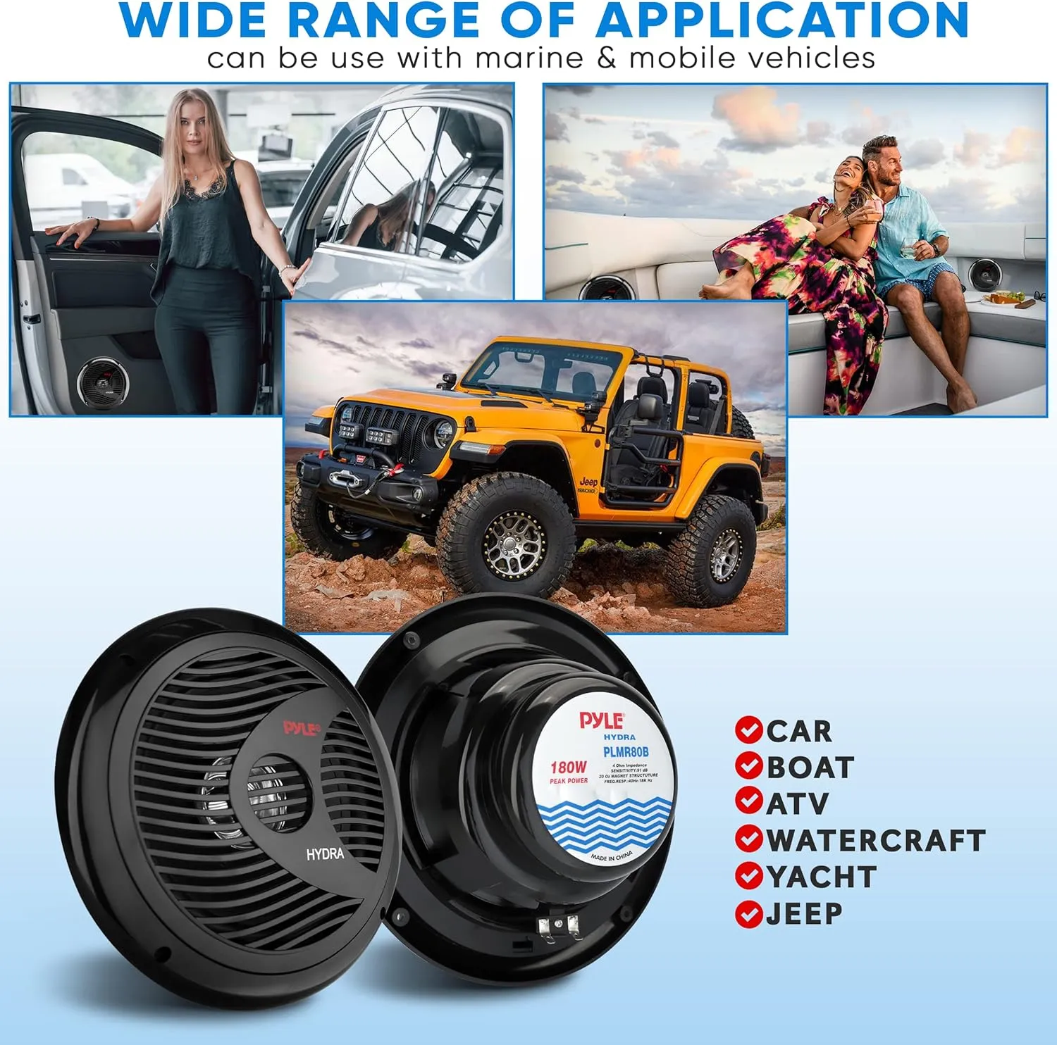 Pyle Marine Speakers, Boat Speakers, Marine Speaker - Dual 180W 4 Ohm, Waterproof, PP Cone, Rubber Surround, 20 Oz Magnet, 1.5" Voice Coil, Includes Speaker Wire & Mounting Hardware