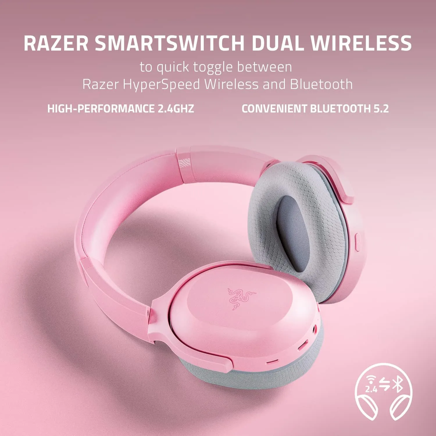 Razer Barracuda Wireless Gaming & Mobile Headset (PC, PlayStation, Switch, Android, iOS): 2.4GHz Wireless   Bluetooth - Integrated Noise-Cancelling Mic - 50mm Drivers - 40 Hr Battery - Quartz Pink