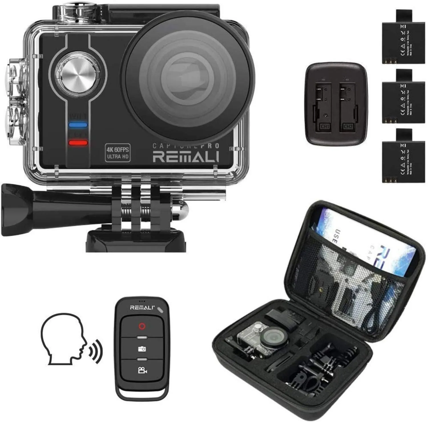 REMALI CapturePro 4K/60fps 20MP Waterproof Sports Action Camera Kit with Carrying Case   3 Batteries, WiFi, 2" Touch Screen, 8X Zoom, Slow/Fast Motion, Remote/Voice Control, EIS, Distortion Correction