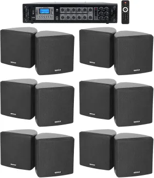 Rockville Commercial 6-Zone Bluetooth Amp 12 3.5" Black Cube Restaurant Speakers