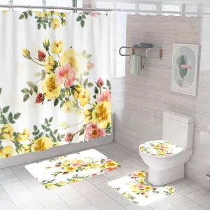SAVYA HOME Shower Curtain(180 * 180cm) Bathroom Mat(45 * 75cm) & U Shaped Mat(45 * 38cm) | 3Pcs Bathroom Accessories Set | Anti Skid Mat for Bathroom Floor | Water-Proof Polyester Material-Spring