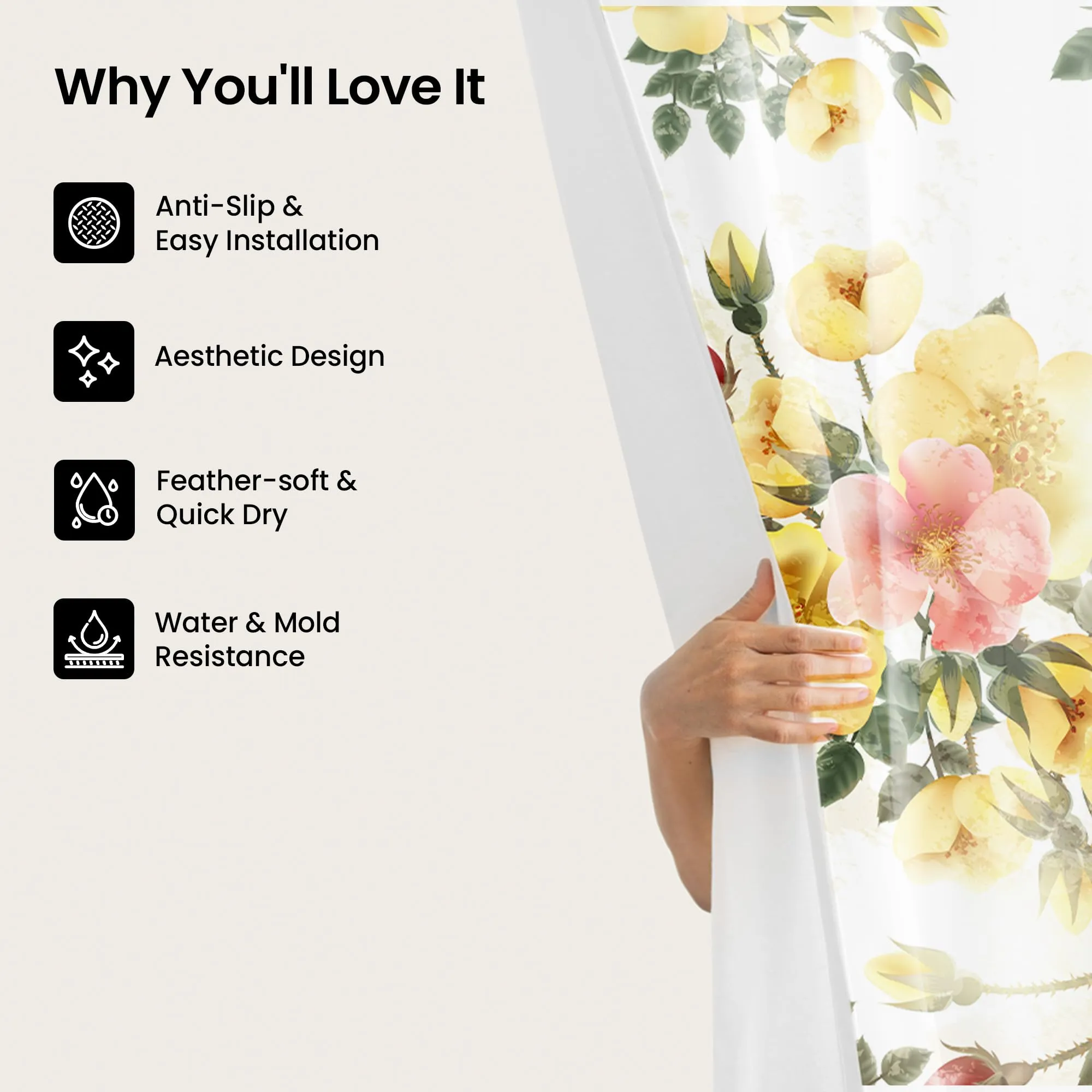 SAVYA HOME Shower Curtain(180 * 180cm) Bathroom Mat(45 * 75cm) & U Shaped Mat(45 * 38cm) | 3Pcs Bathroom Accessories Set | Anti Skid Mat for Bathroom Floor | Water-Proof Polyester Material-Spring