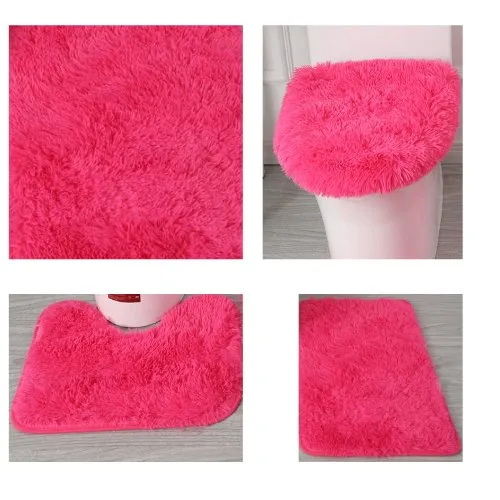 Set of 3pcs Plush Bathroom Bath Mat, Coral Color, Anti Slip Toilet Rugs and Toilet Lid Cover.