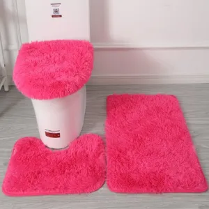 Set of 3pcs Plush Bathroom Bath Mat, Coral Color, Anti Slip Toilet Rugs and Toilet Lid Cover.