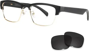Smart Glasses Bluetooth Audio Glasses for Men Women with Built-in Mic & Speakers, Blue Light Filter & Polarized Sunglasses Lenses, Voice Assistant, Open Ear Music & HD Calling (Black Gold)