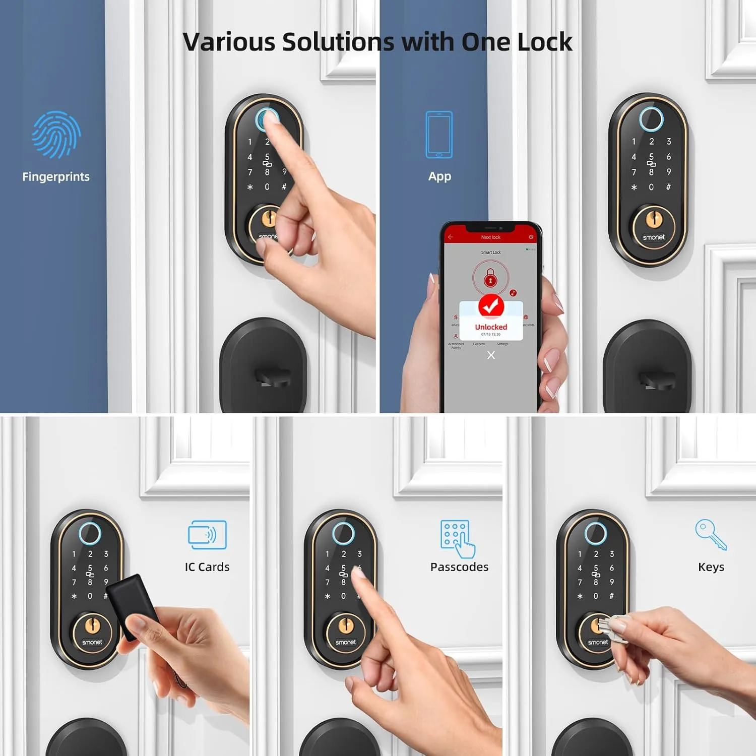 Smart Keyless Entry Door Lock - Fingerprint Electronic Deadbolt Touchscreen Keypad SMONET Biometric Digital Bluetooth Door Lock Smart Deadbolt Compatible with Alexa for Homes and Hotel