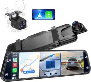 Smart Mirror Dash Cam with Carplay&Android Auto,10" 2.5K Rear View Mirror Camera with Voice Control for Cars&Trucks, Touch Screen/WDR/Parking Monitor/Reverse Assist/64GB Card Included