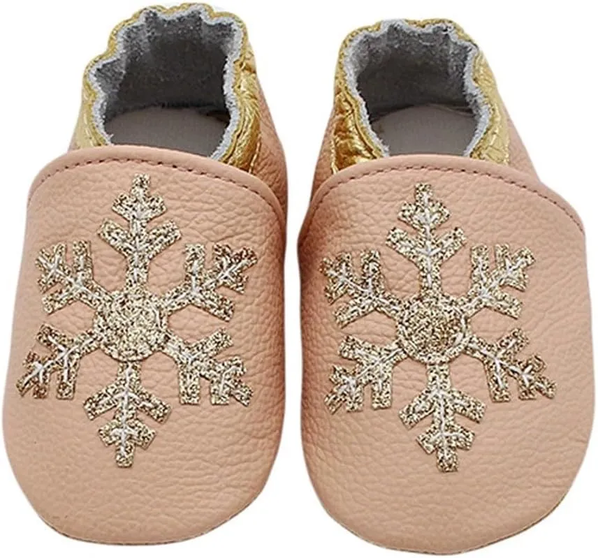 Soft Leather Slippers Baby occasins with Rubber Sole, Anti-Slip Infant Toddler First Walking Shoes for Little