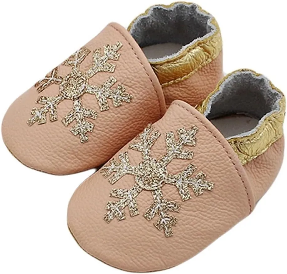 Soft Leather Slippers Baby occasins with Rubber Sole, Anti-Slip Infant Toddler First Walking Shoes for Little