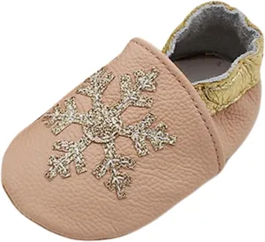Soft Leather Slippers Baby occasins with Rubber Sole, Anti-Slip Infant Toddler First Walking Shoes for Little