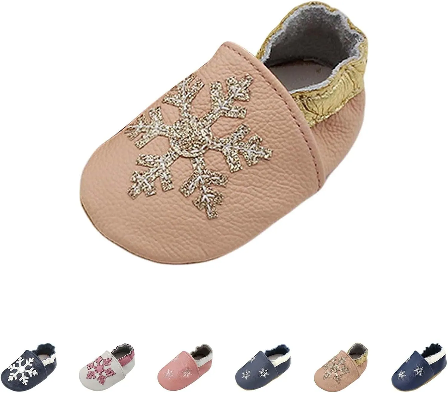 Soft Leather Slippers Baby occasins with Rubber Sole, Anti-Slip Infant Toddler First Walking Shoes for Little