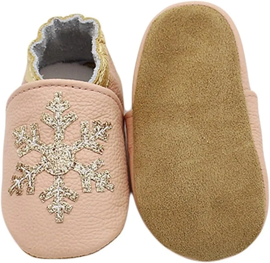 Soft Leather Slippers Baby occasins with Rubber Sole, Anti-Slip Infant Toddler First Walking Shoes for Little