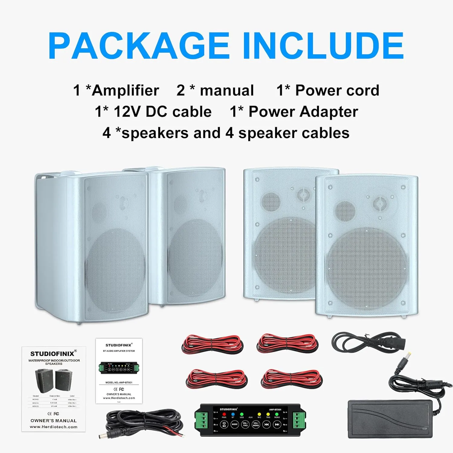 STUDIOFINIX 800W 6.5 Inch Bluetooth Outdoor Speakers Waterproof Wired with Multifunctional Amplifier Wall Mount Weatherproof Loudspeaker System for Patio Garden Poolside Home(4 Speakers,White)