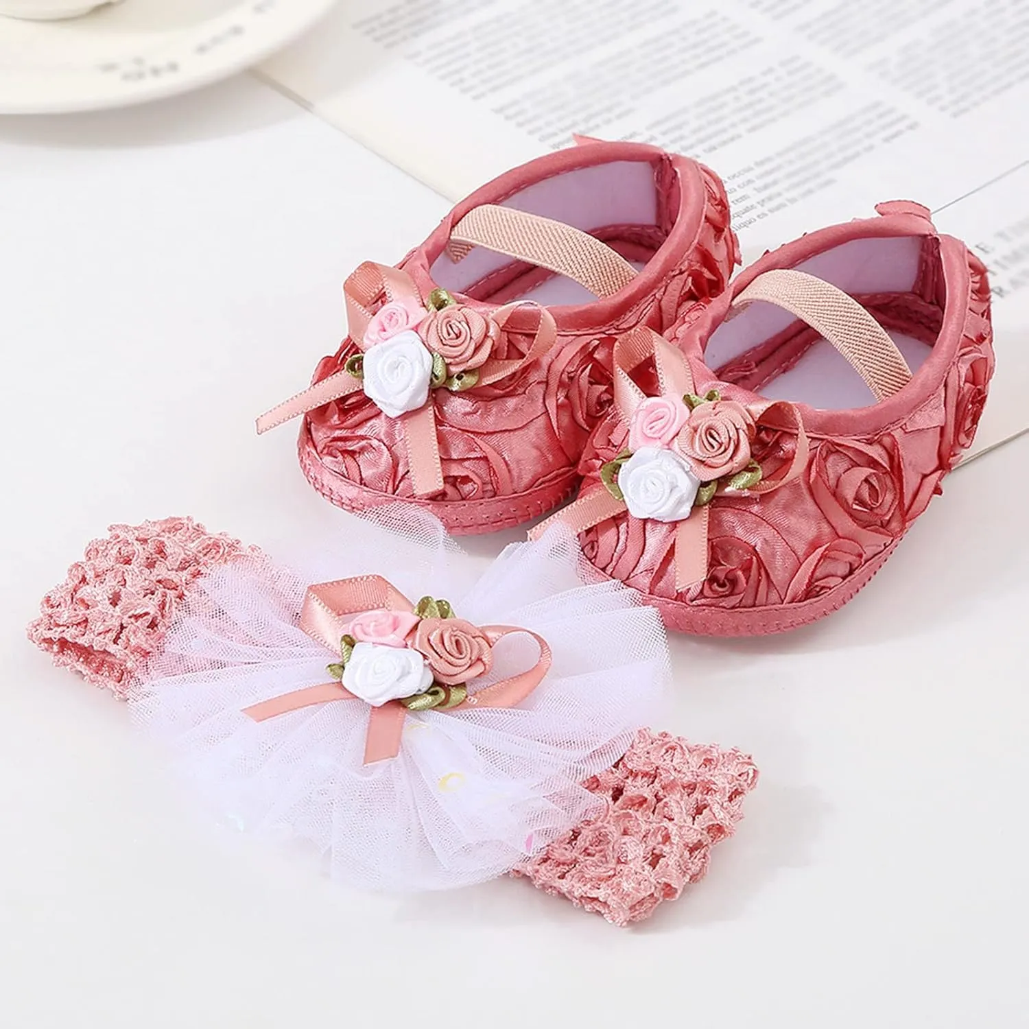 Toddler Girl Cute Shoes Baby Shoes Plus Headband Set Cute Baby Princess Shoes with Dress Hard Bottom Walking Shoes