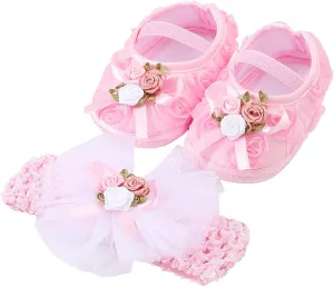 Toddler Girl Cute Shoes Baby Shoes Plus Headband Set Cute Baby Princess Shoes with Dress Hard Bottom Walking Shoes