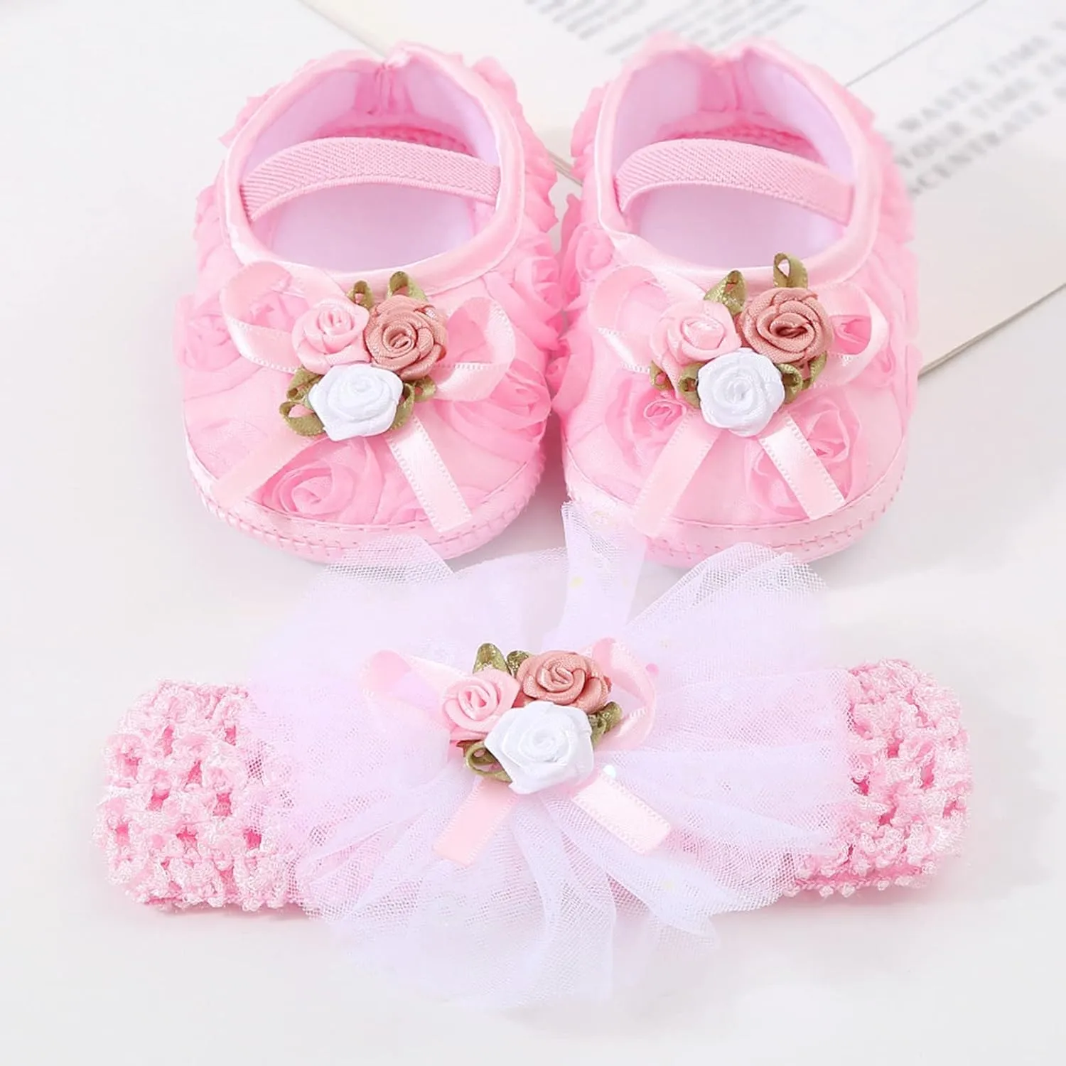 Toddler Girl Cute Shoes Baby Shoes Plus Headband Set Cute Baby Princess Shoes with Dress Hard Bottom Walking Shoes