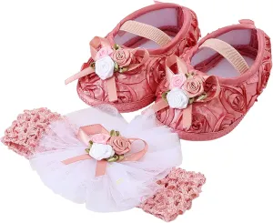 Toddler Girl Cute Shoes Baby Shoes Plus Headband Set Cute Baby Princess Shoes with Dress Hard Bottom Walking Shoes