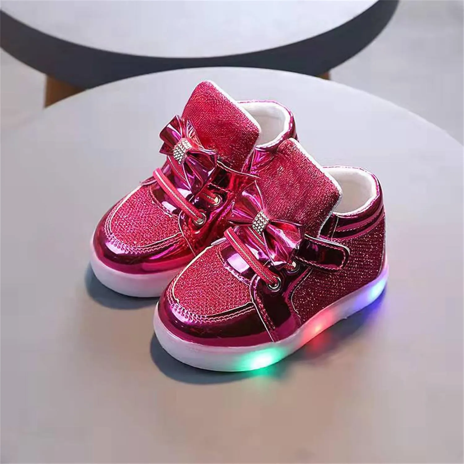 Toddler Led Light Up First Walking Sneaker Baby Infant Newborn Soft Sole Cozy Flat Shoes with Bow Lace-Up Glitter Shoes