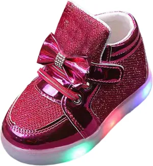 Toddler Led Light Up First Walking Sneaker Baby Infant Newborn Soft Sole Cozy Flat Shoes with Bow Lace-Up Glitter Shoes