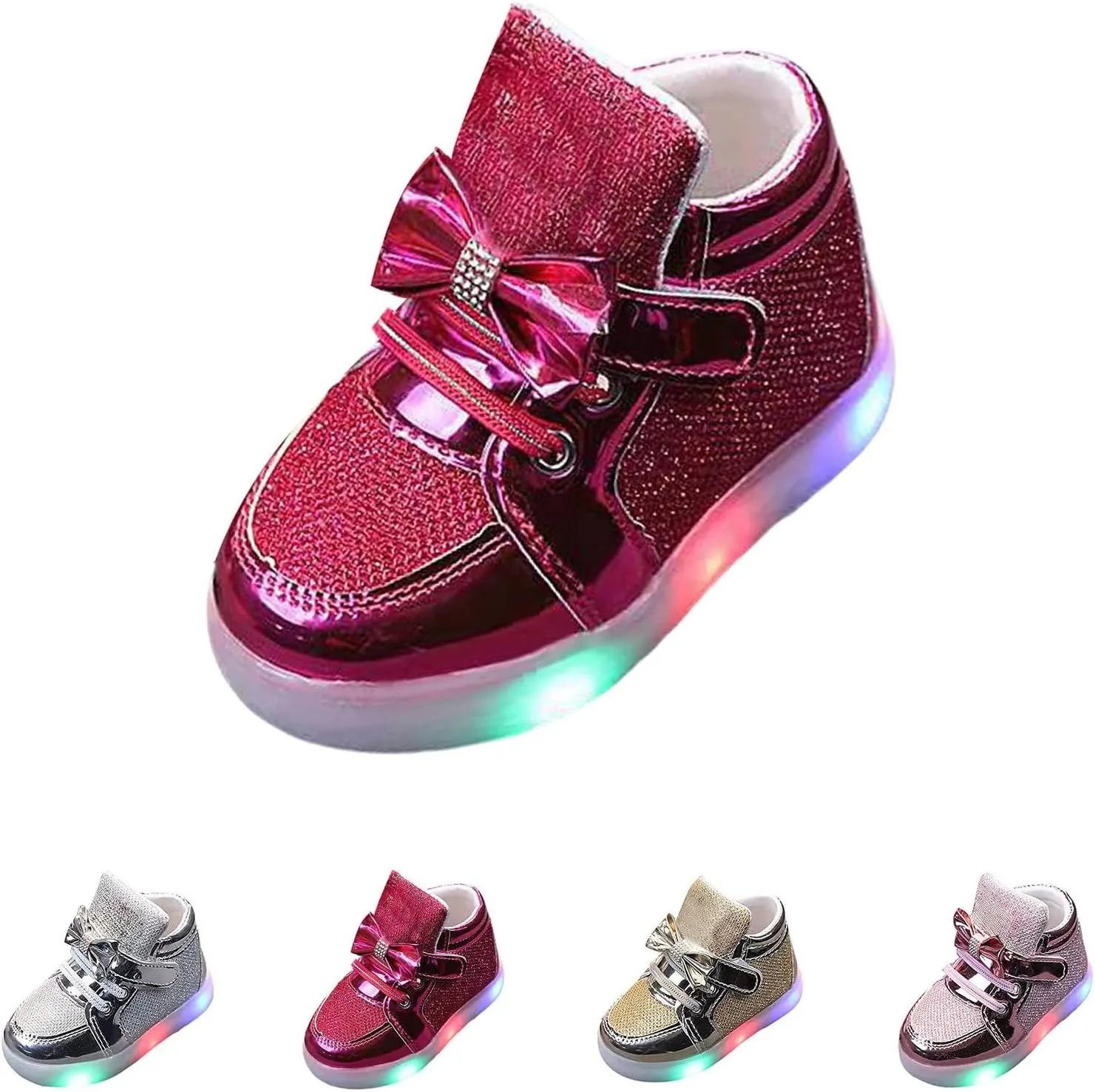 Toddler Led Light Up First Walking Sneaker Baby Infant Newborn Soft Sole Cozy Flat Shoes with Bow Lace-Up Glitter Shoes