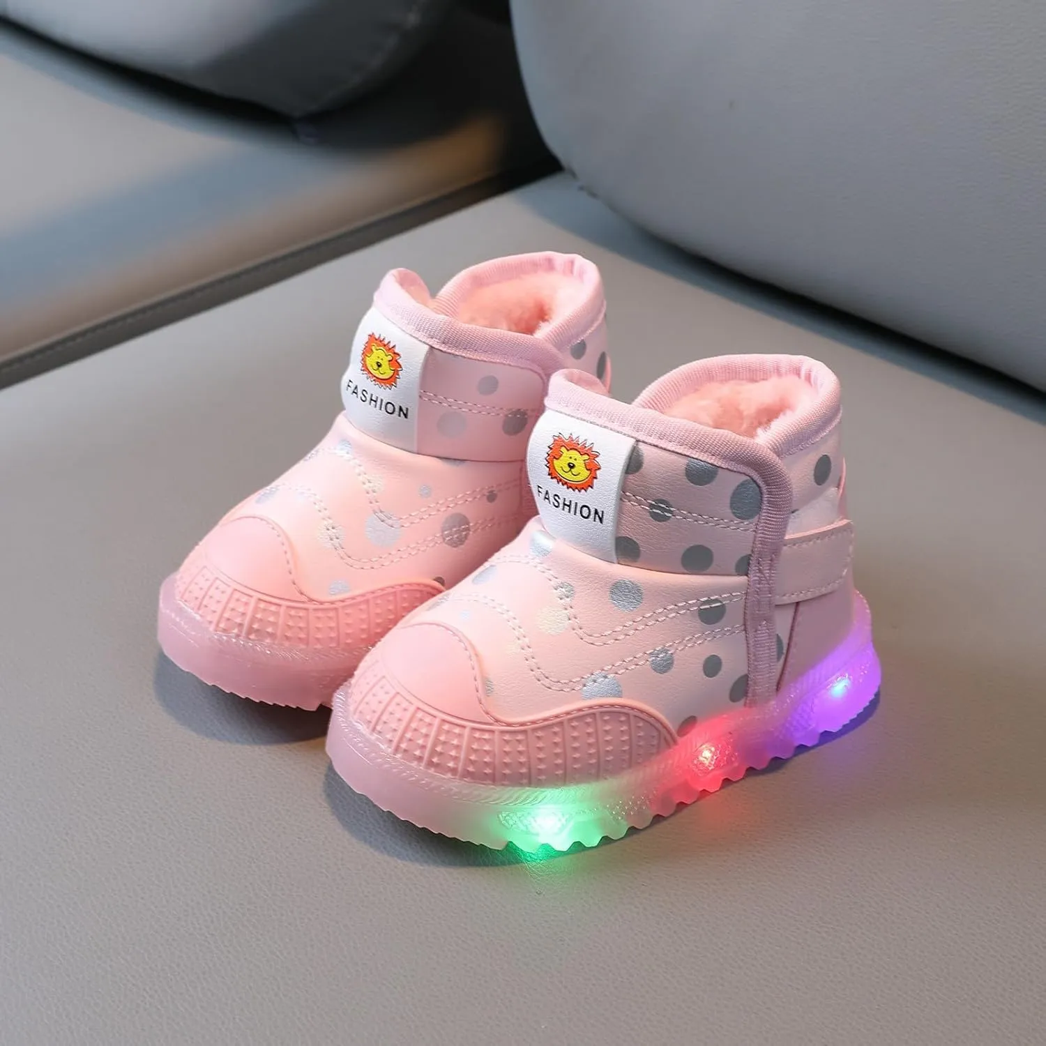 Toddler Non Slip Booties Boys Girls Lights Up Led Soft Sole Flat Shoes Fleece Cotton Lined Warm Boots Walking Shoes